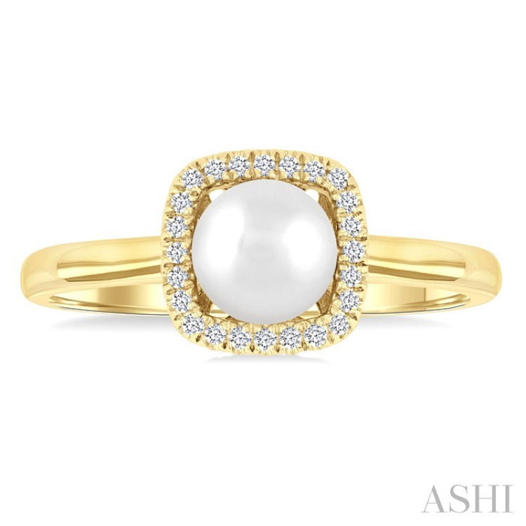 6 MM Cushion-Shaped Cultured Pearl and 1/10 Ctw Petite Round Cut Diamond Halo Ring in 10K Yellow Gold