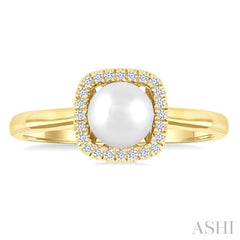 6 MM Cushion-Shaped Cultured Pearl and 1/10 Ctw Petite Round Cut Diamond Halo Ring in 10K Yellow Gold