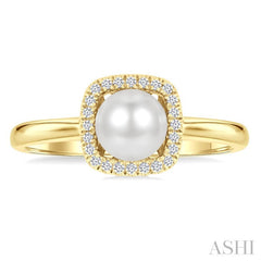 6 MM Cushion-Shaped Cultured Pearl and 1/10 Ctw Petite Round Cut Diamond Halo Ring in 10K Yellow Gold