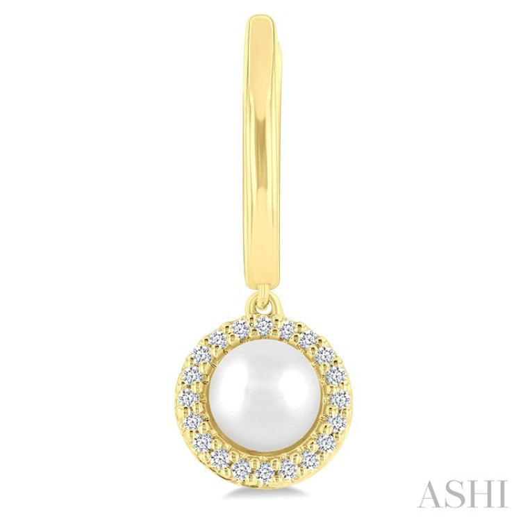 5.5 MM Round Shape Cultured Pearl and 1/8 Ctw Petite Round Cut Diamond Halo Fashion Huggies in 10K Yellow Gold