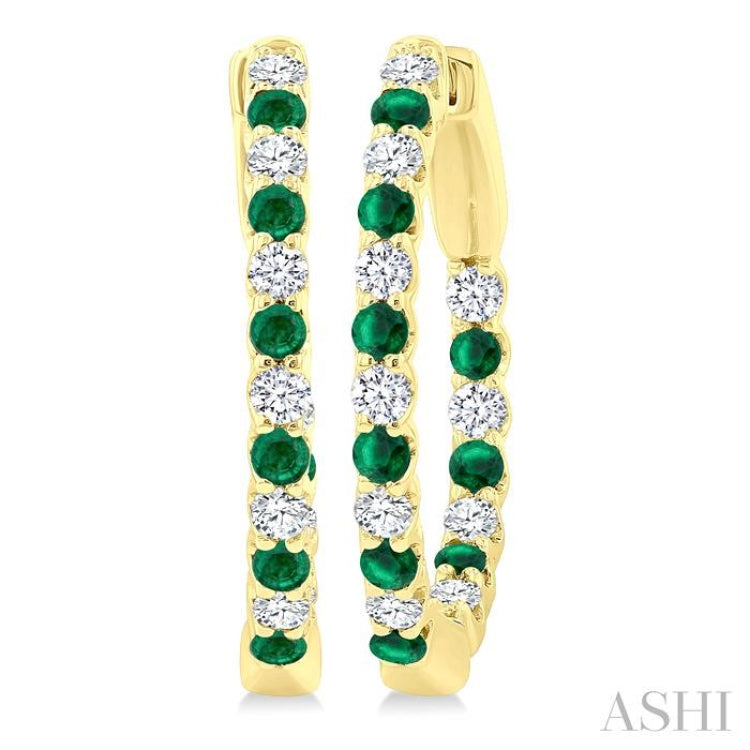 1.8 MM Emerald and 1/2 Ctw Round Cut Inside-Out Diamond Precious Hoop Earrings in 14K Yellow Gold