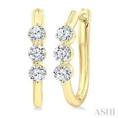 1 Ctw 3-Stone Round Cut Diamond Fashion Hoop Earrings in 14K Yellow Gold