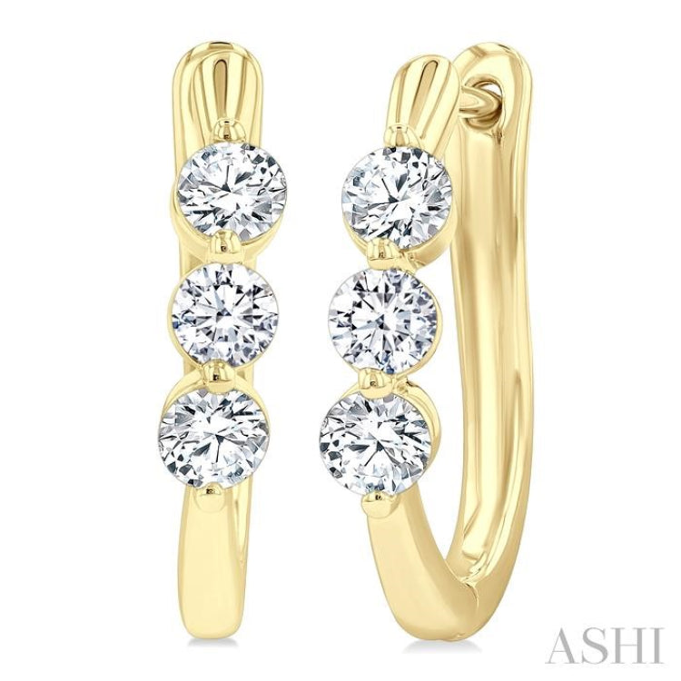 3/4 Ctw 3-Stone Round Cut Diamond Fashion Hoop Earrings in 14K Yellow Gold
