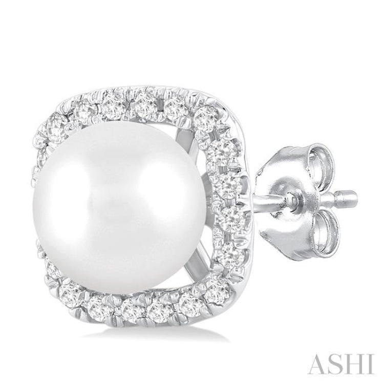 5 MM Cushion-Shaped Cultured Pearl and 1/8 Ctw Petite Round Cut Diamond Halo Stud Earring in 10K White Gold
