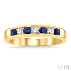 2.5 MM Round Cut Sapphire and 1/5 Ctw Channel Set Round Cut Diamond Band in 14K Yellow Gold