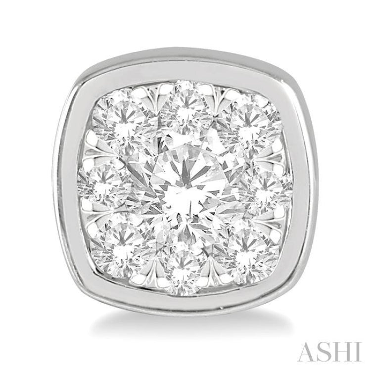 1/3 Ctw Cushion Shape Round Cut Diamond Lovebright Bezel Stud Earring in 14K White Gold