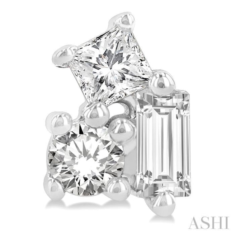 1/6 Ctw Petite Tri-Stone Scatter Princess, Baguette & Round Cut Diamond Fashion Stud Earrings in 10K White Gold