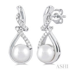 6 MM Round Shape Cultured Pearl and 1/6 Ctw Swirl Top Round Cut Diamond Fashion Earring in 10K White Gold