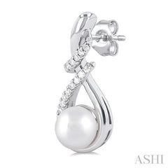 6 MM Round Shape Cultured Pearl and 1/6 Ctw Swirl Top Round Cut Diamond Fashion Earring in 10K White Gold