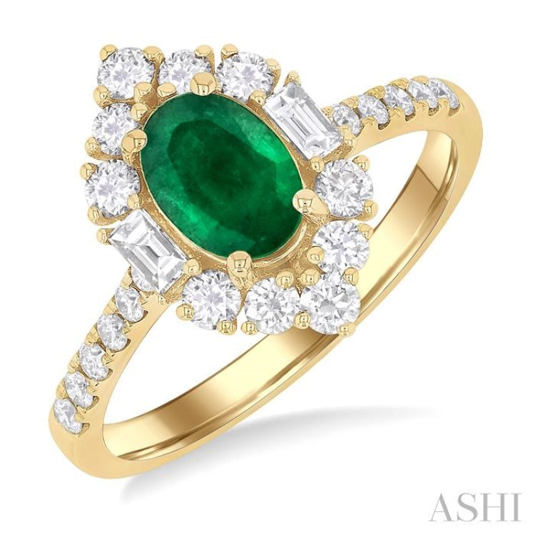 7x5 MM Oval Cut Emerald & 5/8 Ctw Baguette and Round Cut Diamond Halo Precious Ring in 14K Yellow Gold