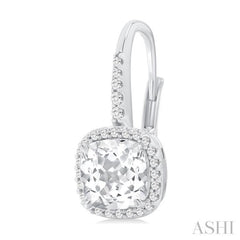 7X7 MM Cushion Cut White Topaz and 1/4 Ctw Round Cut Diamond Halo Semi-Precious Earring in 14K White Gold