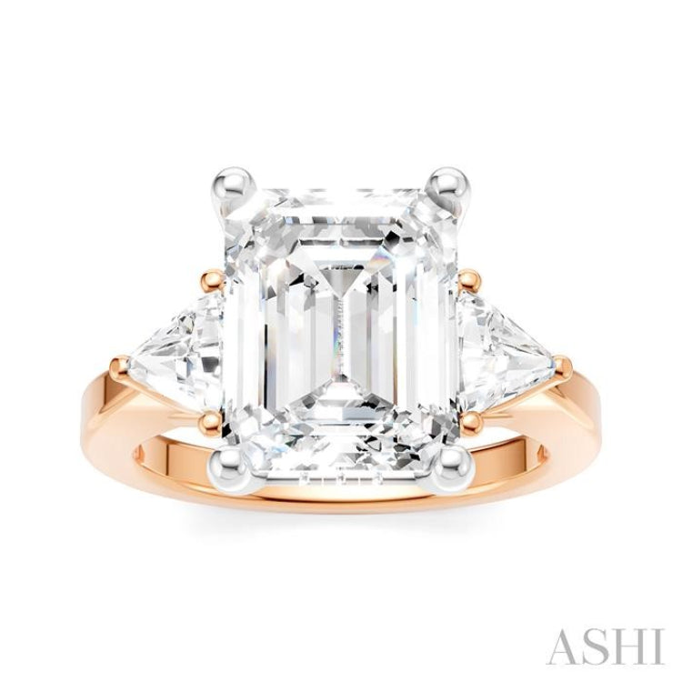 1/2 Ctw Emerald Shape Trillion and Round Cut Diamond Semi-Mount Engagement Ring in 14K Rose and White Gold