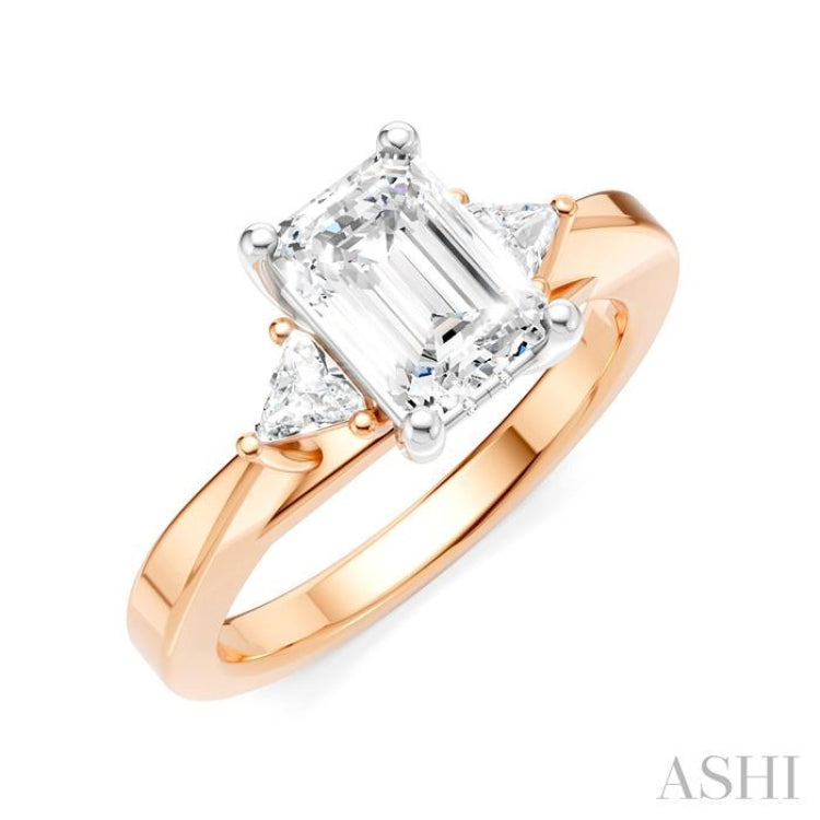 1/4 Ctw Emerald Shape Trillion and Round Cut Diamond Semi-Mount Engagement Ring in 14K Rose and White Gold
