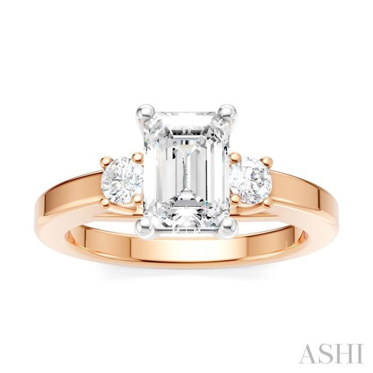 1/4 Ctw Tri-Mount Emerald Shape Center Round Cut Diamond Semi-Mount Engagement Ring in 14K Rose and White Gold