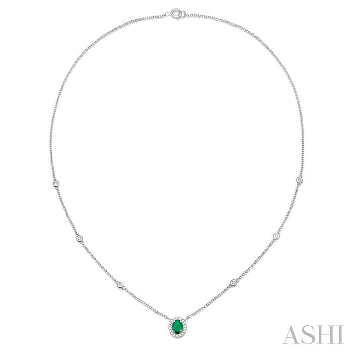 6x4 MM Oval Cut Emerald and 1/6 ctw Round Cut Diamond Necklace in 14K White Gold