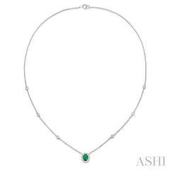 6x4 MM Oval Cut Emerald and 1/6 ctw Round Cut Diamond Necklace in 14K White Gold