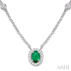 6x4 MM Oval Cut Emerald and 1/6 ctw Round Cut Diamond Necklace in 14K White Gold