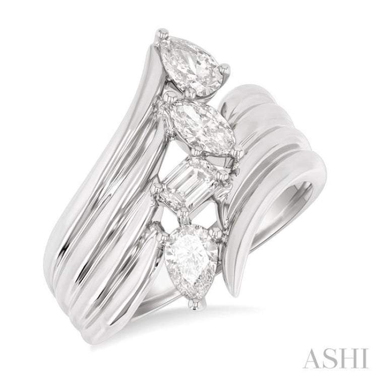 1 Ctw Open Bypass Ribbed Shank Mixed Diamond Cut Fashion Ring in 14K White Gold