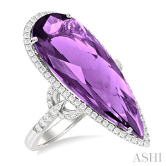 26X10 MM Pear Cut Amethyst and 1/2 Ctw Round Cut Diamond Halo Semi-Precious Ring in 14K White Gold