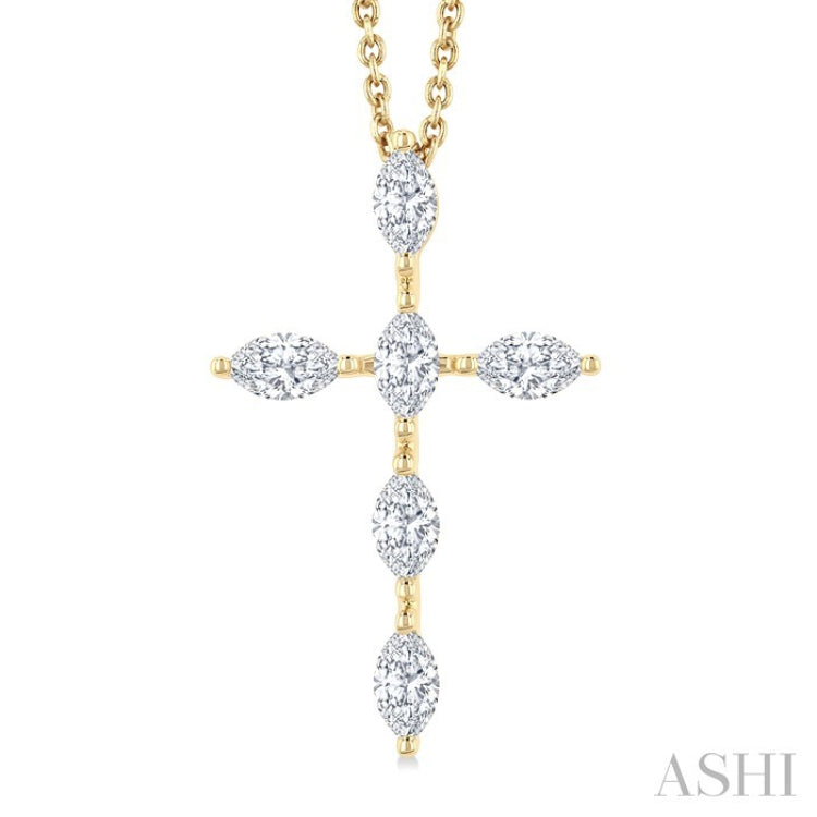 3/4 Ctw Cross 6-Stone Marquise Cut Diamond Fashion Pendant With Chain in 14K Yellow Gold