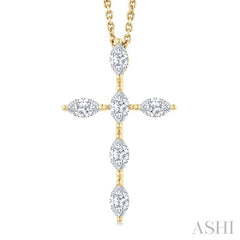3/4 Ctw Cross 6-Stone Marquise Cut Diamond Fashion Pendant With Chain in 14K Yellow Gold