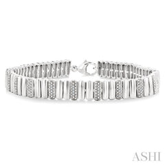 1/6 Ctw Wide Ribbed Plain Polished and Round Cut Diamond Pirouette Bold Bracelet in Sterling Silver