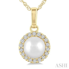 5 MM White Cultured Pearl and 1/20 Ctw Round Cut Diamond Halo Pendant With Chain in 10K Yellow Gold