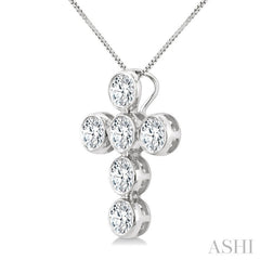1 Ctw Round Cut Diamond 6-Stone Bezel Set Cross Pendant With Chain in 14K White Gold