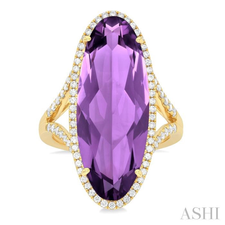 26x10 MM Oval Cut Amethyst and 1/2 Ctw Round Cut Diamond Halo Semi-Precious Ring in 14K Yellow Gold