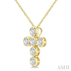 3/4 Ctw Round Cut Diamond 6-Stone Bezel Set Cross Pendant With Chain in 14K Yellow Gold