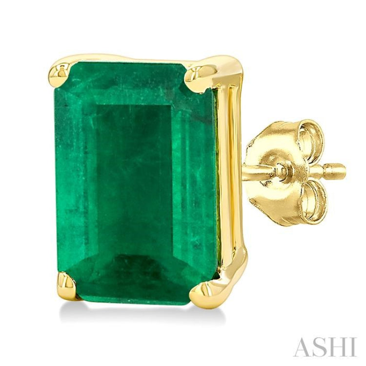 6X4 MM Octagon Shape Emerald Precious Gemstone Stud Earrings in 14K Yellow Gold