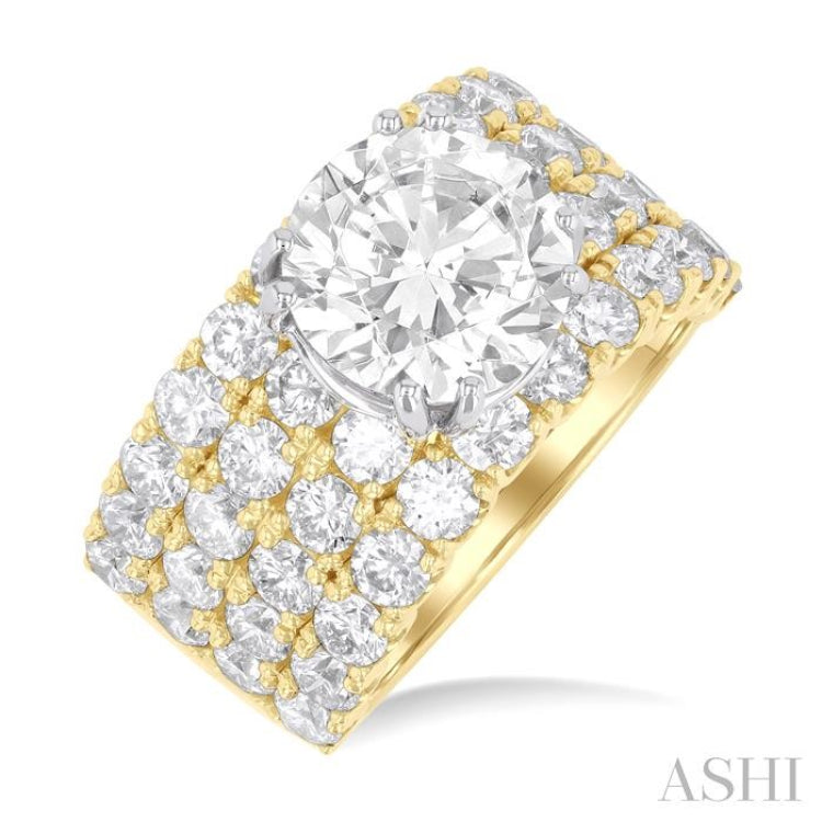 3 1/2 Ctw Wide Four Row Round Shape Semi-Mount Diamond Engagement Ring in 14K Yellow and White Gold
