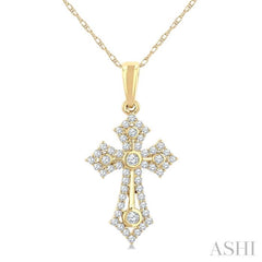 1/4 Ctw Round Cut Diamond Cross Motif Fashion Pendant With Chain in 10K Yellow Gold