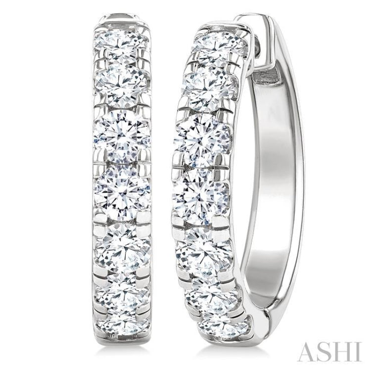 2 Ctw Round Cut Diamond Hoop Earrings in 14K White Gold