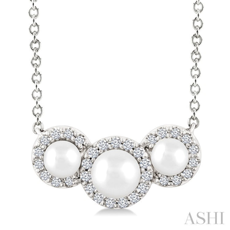 1/8 Ctw Past Present and Future 4 MM & 3 MM Cultured Pearl and Round Cut Diamond Halo Pendant With Chain in 14K White Gold