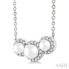 1/8 Ctw Past Present and Future 4 MM & 3 MM Cultured Pearl and Round Cut Diamond Halo Pendant With Chain in 14K White Gold