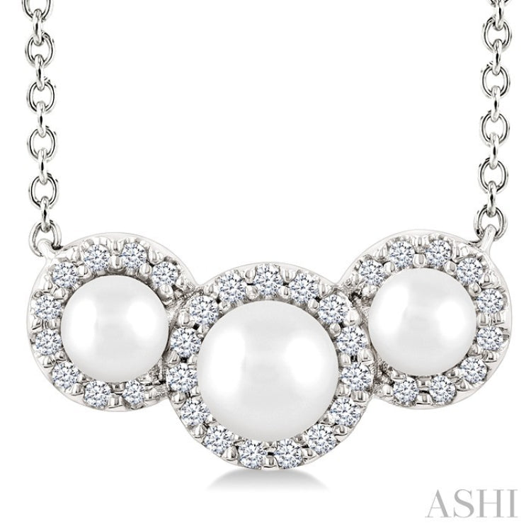 1/8 Ctw Past Present and Future 4 MM & 3 MM Cultured Pearl and Round Cut Diamond Halo Pendant With Chain in 14K White Gold