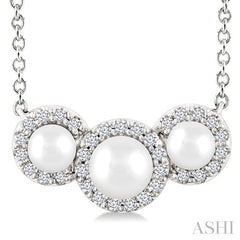 1/8 Ctw Past Present and Future 4 MM & 3 MM Cultured Pearl and Round Cut Diamond Halo Pendant With Chain in 14K White Gold