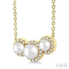 1/8 Ctw Past Present and Future 4 MM & 3 MM Cultured Pearl and Round Cut Diamond Halo Pendant With Chain in 14K Yellow Gold