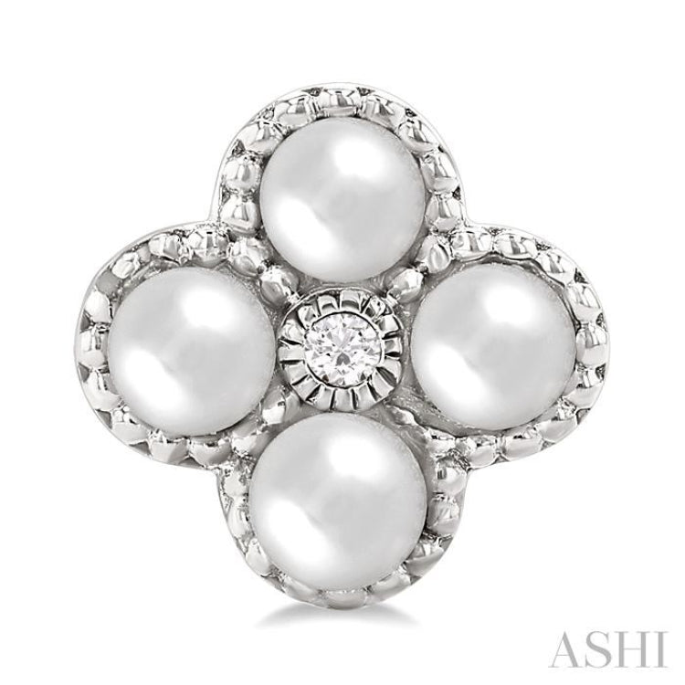 3 MM Clover Cultured Pearl and 1/50 Ctw Round Cut Diamond Fashion Earrings in 10K White Gold