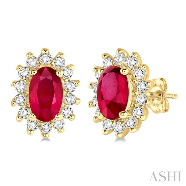 5x3 MM Oval Cut Center Ruby and 1/5 Ctw Round Cut Diamond Sunflower Precious Earrings in 10K Yellow Gold