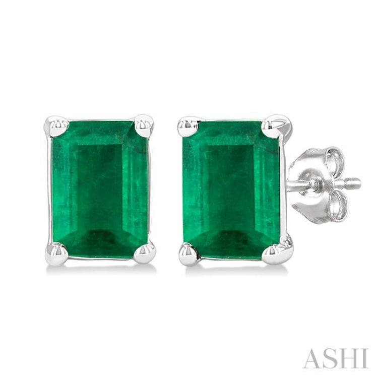 4X3 MM Octagon Shape Emerald Precious Stud Earrings in 14K White Gold