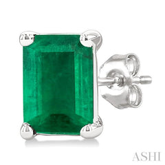 4X3 MM Octagon Shape Emerald Precious Stud Earrings in 14K White Gold