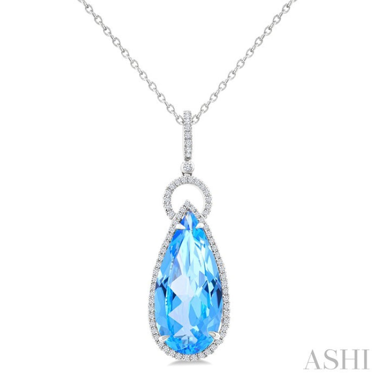 22X10 MM Evoque Gemstones Pear Shape Blue Topaz and 1/3 Ctw Round Cut Diamond Halo Semi-Precious Pendant With Chain in 14K White Gold