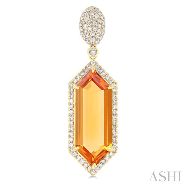 22x8 MM Hexagon Shape Citrine and 7/8 Ctw Round Cut Diamond Halo Semi-Precious Earrings in 14K Yellow Gold
