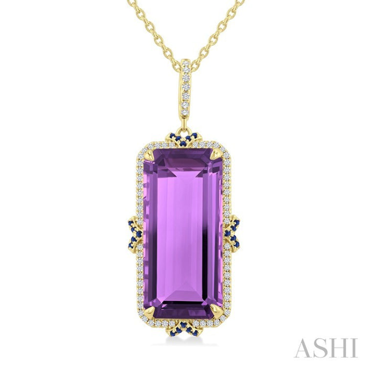 22X10 MM Evoque Gemstones Emerald Cut Amethyst and .80MM Sapphire & 1/5 Ctw Round Cut Diamond Halo Semi-Precious Pendant With Chain in 14K Yellow Gold