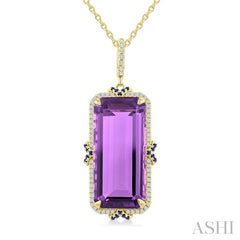 22X10 MM Evoque Gemstones Emerald Cut Amethyst and .80MM Sapphire & 1/5 Ctw Round Cut Diamond Halo Semi-Precious Pendant With Chain in 14K Yellow Gold