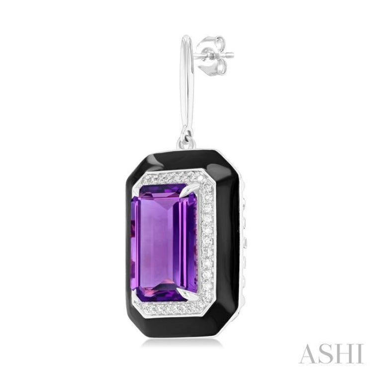 12x8 MM Emerald Cut Amethyst and 1/3 Ctw Round Cut Diamond Halo & Black Enamel Border Semi-Precious Earrings in 14K White Gold