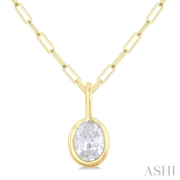 1/5 Ctw Oval Cut Bezel Set Diamond Fashion Pendant With Paperclip Chain in 10K Yellow Gold