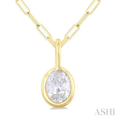 1/5 Ctw Oval Cut Bezel Set Diamond Fashion Pendant With Paperclip Chain in 10K Yellow Gold